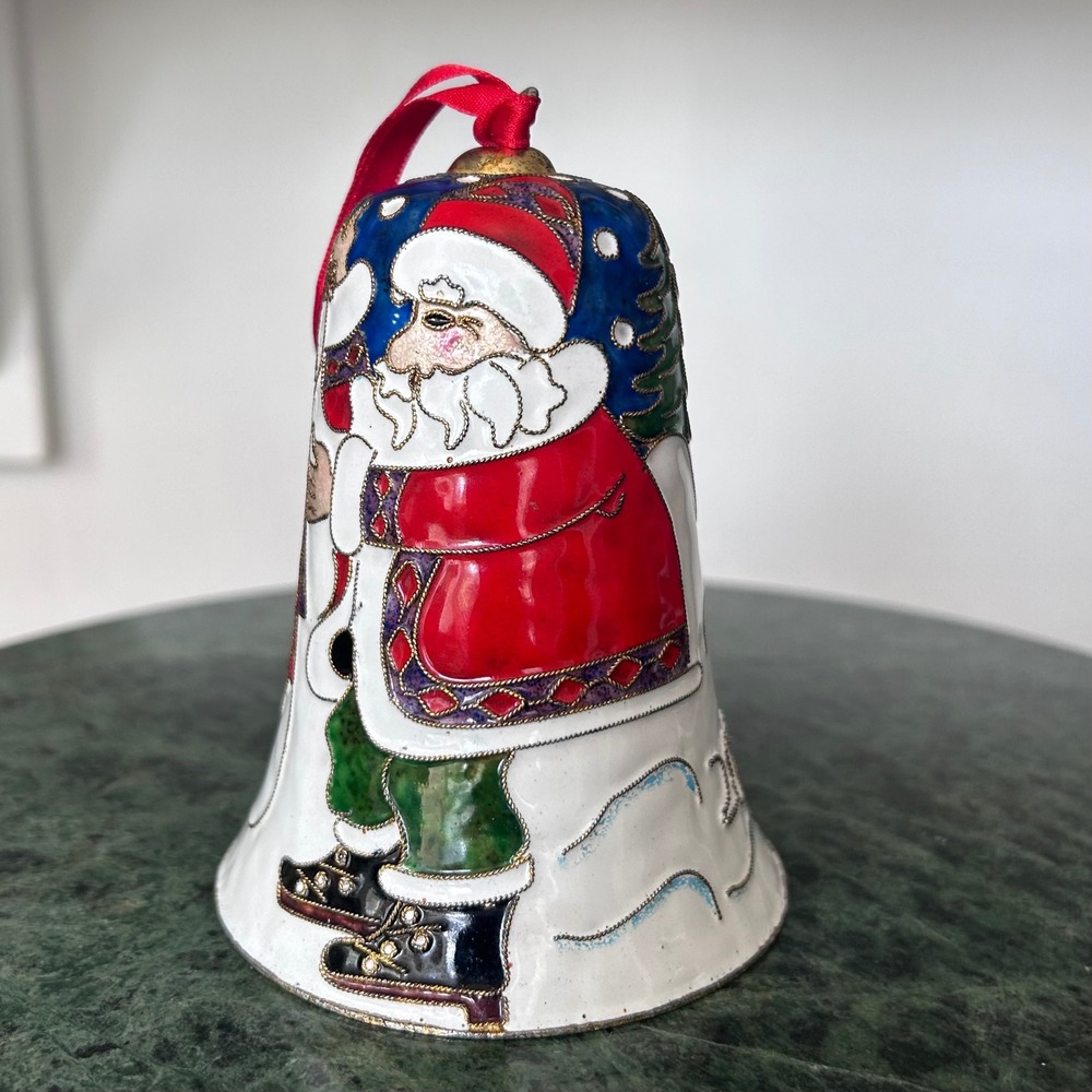Christmas Bell Ornament Cloisonne Enamel Santa Snowman Tree Dillards 2002 - Picture 2 of 6
